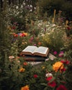 Bible in the middle of a garden full of flowers Royalty Free Stock Photo