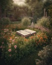 Bible in the middle of a garden full of flowers Royalty Free Stock Photo