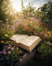 Bible in the middle of a garden full of flowers Royalty Free Stock Photo