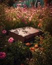 Bible in the middle of a garden full of flowers Royalty Free Stock Photo