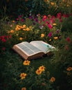 Bible in the middle of a garden full of flowers Royalty Free Stock Photo