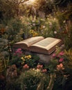 Bible in the middle of a garden full of flowers Royalty Free Stock Photo