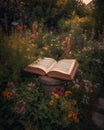 Bible in the middle of a garden full of flowers Royalty Free Stock Photo