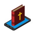 Bible online. Religion and gadget. Holy book and smartphone. Communion on the Internet