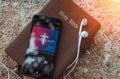 bible with phone and headphones,Concept listen worship song