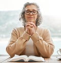 Bible, praying or senior woman in prayer reading book for holy worship, support or hope in Christianity or faith. Relax Royalty Free Stock Photo