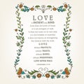 Bible quote Love is patient, kind, made with hearts. Biblical background. Christian poster. Card. Scripture print.