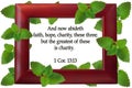 Bible quote in wooden frame with green leaves. Card with text sign believers. Inspirational verse thoughts for praying