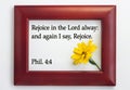 Bible quote in wooden frame yellow flowers. Card with text sign for believers. Inspirational verse thoughts for praying