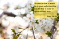 Bible quotes on blurred nature background. Card with text sign for believers. Inspirational verse thoughts for praying