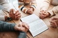 Bible, reading book or hands of big family praying for support or hope in Christian home for worship together. Mother