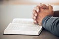 Bible, reading book or hands of man for prayer, support or hope in Christianity religion or holy faith. Believe, zoom or Royalty Free Stock Photo