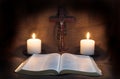 Bible, Rosary, Crucifix and Two Candles Royalty Free Stock Photo