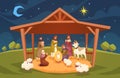 Bible scene. Christmas christian composition, jesus christ birth in manger, baby with magi, Virgin Mary, night sky with Royalty Free Stock Photo