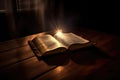 Bible, Shining Holy Bible on the wooden table. Generative Ai