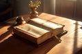 Bible, Shining Holy Bible on the wooden table. Generative Ai