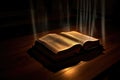 Bible, Shining Holy Bible on the wooden table. Generative Ai