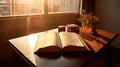 Bible, Shining Holy Bible on the wooden table. Generative Ai