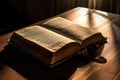 Bible, Shining Holy Bible on the wooden table. Generative Ai