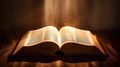 Bible, Shining Holy Bible on the wooden table. Generative Ai