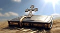 Bible with silver Cross. Generative AI. Royalty Free Stock Photo