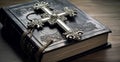 Bible with silver Cross. Generative AI. Royalty Free Stock Photo