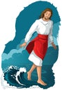 Bible story. Jesus walking on water. Vector cartoon christian illustration