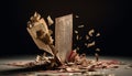 The Bible, a symbol of Christianity, lies on a golden leaf generated by AI