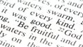 Bible text macro with the words be fruitful good in focus, scripture verse detail Genesis on printed page Royalty Free Stock Photo