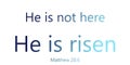 Bible text: He is not here, He is risen. Matthew 28: 6, with color gradient dark blue to light blue, with mosaic