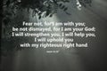 Bible verse about fear, strength, hope and love of God. On natural rays background of foggy in forest. Royalty Free Stock Photo