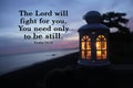 Bible verse inspirational quote - The Lord will fight for you. You need only to be still. Exodus 14:14 With white lantern light.