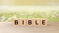 Bible word wooden cubes on table vertical over blur background with field flowers, mock up, template, Christianity and Catholicism