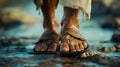 Biblical character feet wearing sandals and walking. Generative AI. Royalty Free Stock Photo