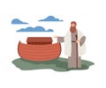 Biblical flood with Noah standing near ark, flat vector illustration isolated. Royalty Free Stock Photo