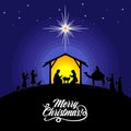 Biblical illustration. Christmas story. Mary and Joseph with the baby Jesus. Nativity scene near the city of Bethlehem. Royalty Free Stock Photo