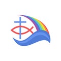 Biblical illustration. Cross of Jesus, fish and rainbow