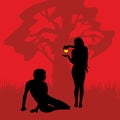 Biblical illustration. Eve offers a forbidden fruit to Adam. Royalty Free Stock Photo