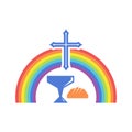 Biblical illustration. Jesus cross, symbols of the sacrament and rainbow of the covenant Royalty Free Stock Photo