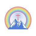 Biblical illustration. Mountain and cross on the background of the rainbow of the Testament Royalty Free Stock Photo