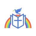 Biblical illustration. An open bible, a rainbow of the covenant, and a dove - a symbol of the Spirit Royalty Free Stock Photo