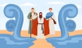 Biblical miracle of Moses prophet splitting the sea, flat vector illustration.