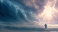 Biblical Moses parts the Red Sea with dramatic ocean waves and divine light in a miraculous event Royalty Free Stock Photo