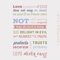 Biblical phrase from 1 corinthians 13:8, love never fails Royalty Free Stock Photo