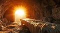 biblical scene of Resurrection Of Jesus Christ, Tomb Empty with sun rayes, Easter