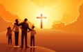 Christian family stands at the bottom of the hill, looking up at a cross on the hill Royalty Free Stock Photo