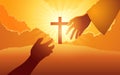 God hand reaching out for human hand with cross on hill as the background Royalty Free Stock Photo