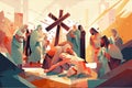 Biblical vector illustration series Way of the Cross or Stations of the Cross, eleventh station, Jesus is Nailed To The Cross. Royalty Free Stock Photo