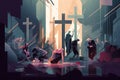 Biblical vector illustration series Way of the Cross or Stations of the Cross, eleventh station, Jesus is Nailed To The Cross. Royalty Free Stock Photo