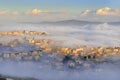 Biblical village Cana of Galilee Kafr Kanna in morning fog, Nazareth in Israel